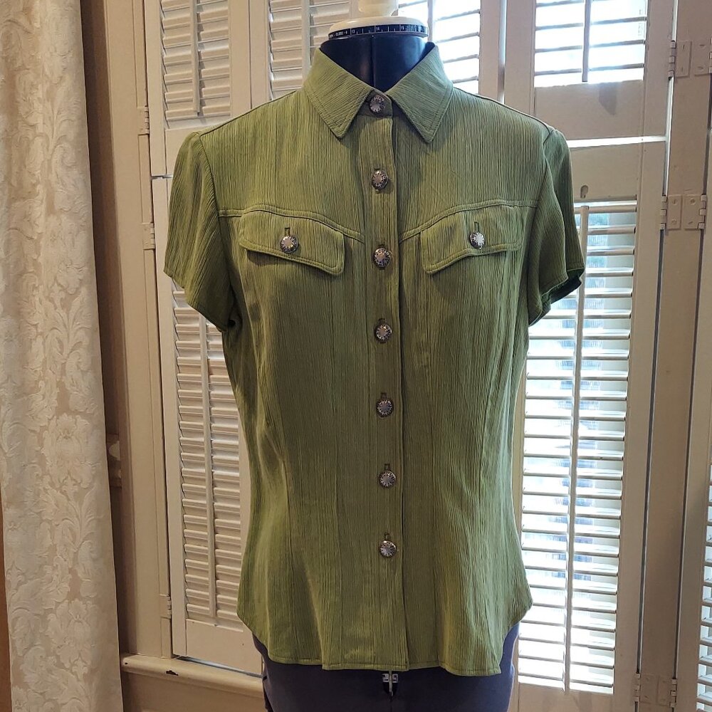 Western Style 100% Tencel Short Sleeve Blouse w Silver Buttons S